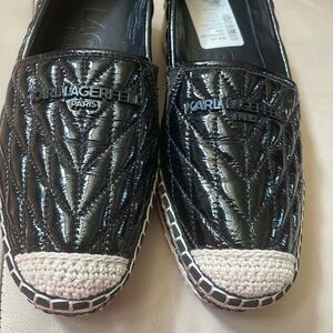 Karl Lagerfeld Paris. Desta Espadrille Shoes. Black Textured Patent, Size 7.5.
